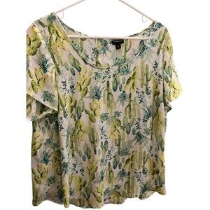 Torrid Cactus Print Button Back Scoop Neck Short Sleeve Blouse White Green 00